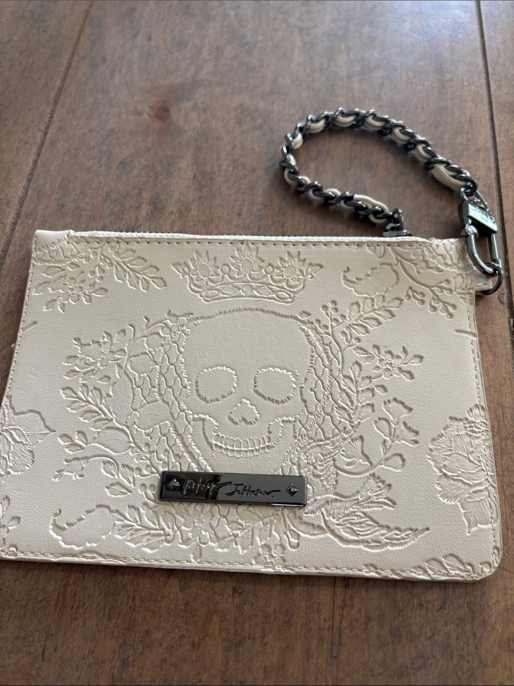 Betsey Johnson Cream Embossed Skull Wristlet with Silver Chain